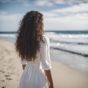 Femme curly cheveux mi longchztzin blanche fine mais les epaule carré légèrement vue plage vue dos